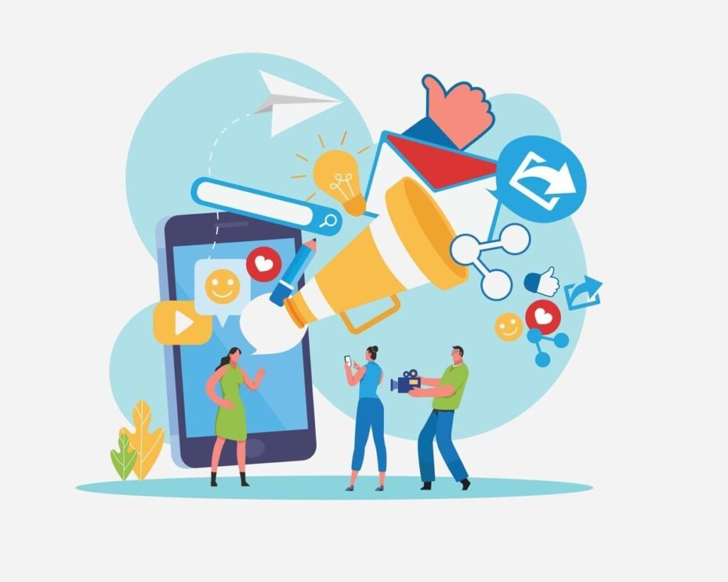 Illustration of digital marketing and social media strategy with people and communication icons

