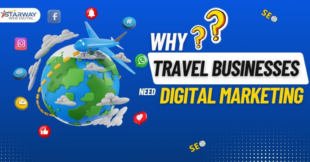 Digital marketing for travel businesses with airplane and social media icons