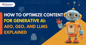Illustration of a friendly robot next to the title "How to Optimize Content for Generative AI: AEO, GEO, and LLMs Explained" by Starway Web Digital