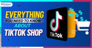 Colorful digital illustration highlighting “Everything You Need to Know About TikTok Shop,” with TikTok logo and shopping cart, symbolizing in-app social commerce and online selling.