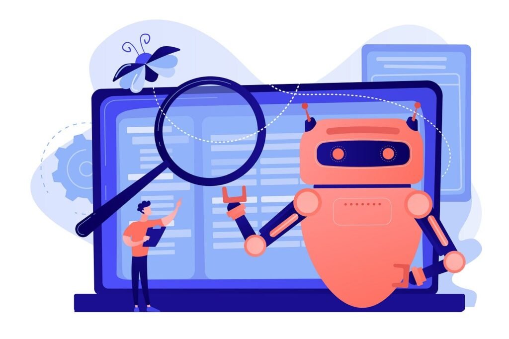 Robot and magnifying glass analyzing search data on screen with user

