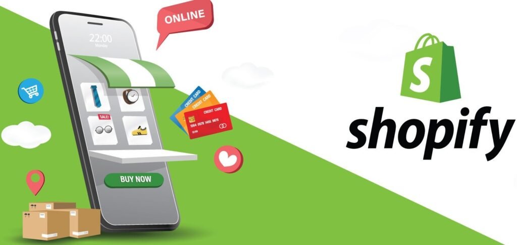 Illustration showing a smartphone as an online shop, shopping cart and payment icons, and the Shopify logo, visually representing a beginner’s guide to launching a Shopify store.