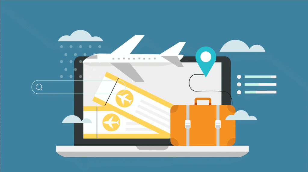 Illustration of travel booking online showing laptop with flight tickets, airplane, suitcase, and location pin representing SEO for travel agencies.